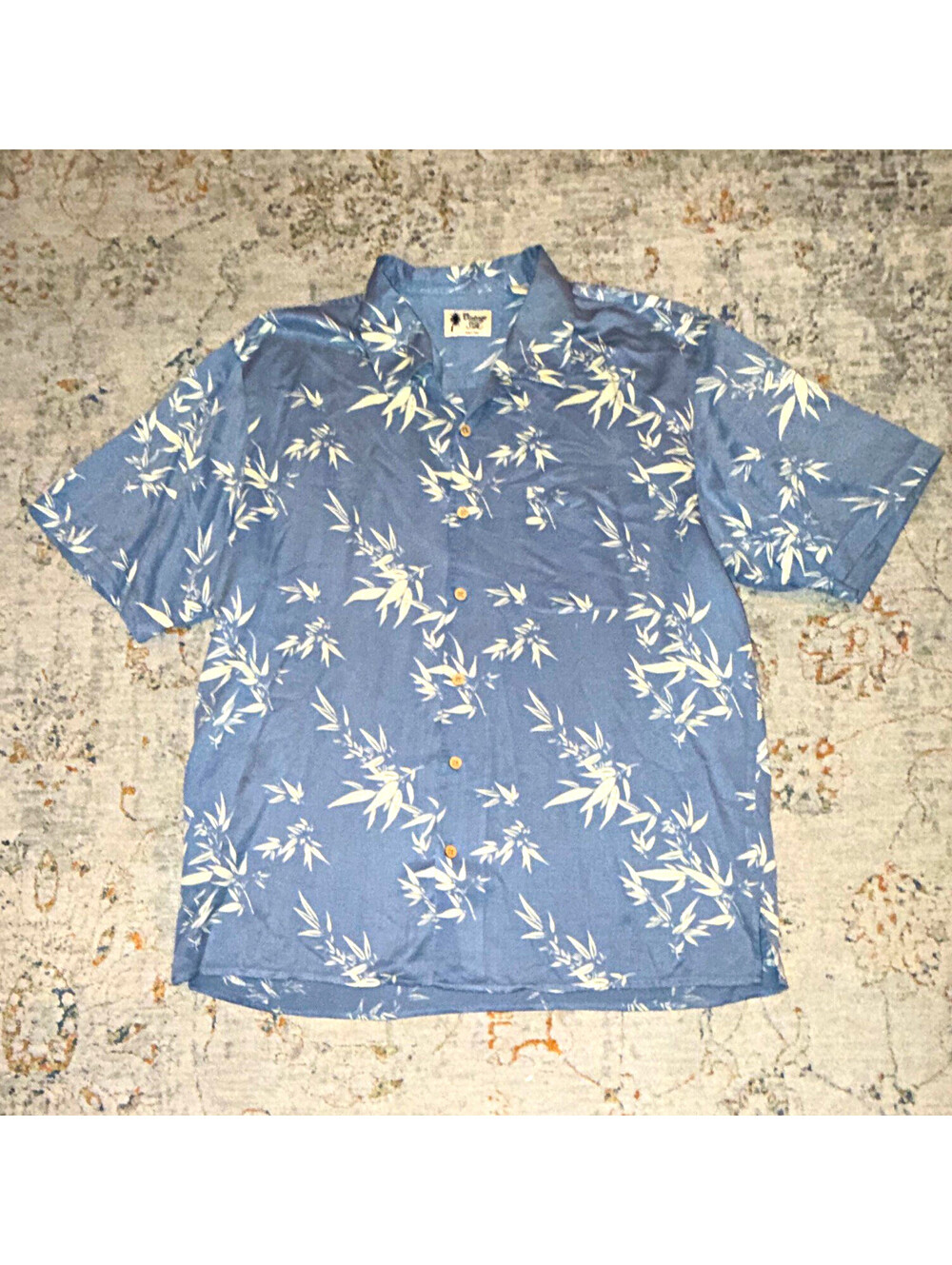 Vintage Silk Men's Blue White Woven Silk Hawaiian Floral Button-Up Shirt XL A398
